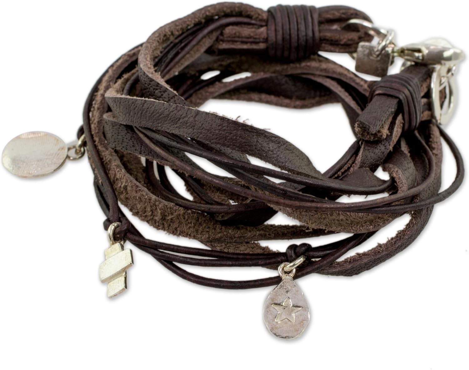 NOVICA Handmade Boho Leather Wrap Charm Bracelet - Stylish and Versatile Silver Charm Bracelets for Women and Men - Trendy Fashion Accessory, Stellar Imprint'