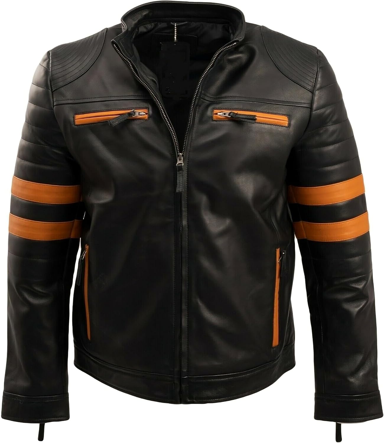 ONNYXE Leather Motorcycle Jacket Men - Black, Genuine Lambskin Leather Lightweight Café Racer Jacket Polyester Inner