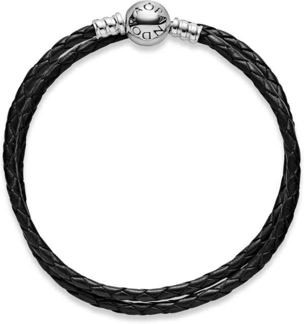 PANDORA Jewelry Black Leather Charm Sterling Silver Bracelet