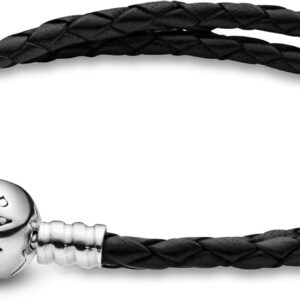 PANDORA Jewelry Black Leather Charm Sterling Silver Bracelet