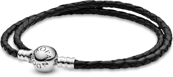 PANDORA Jewelry Black Leather Charm Sterling Silver Bracelet