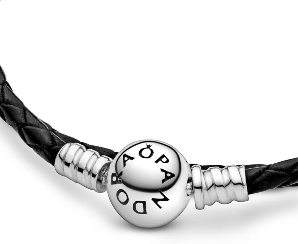 PANDORA Jewelry Black Leather Charm Sterling Silver Bracelet