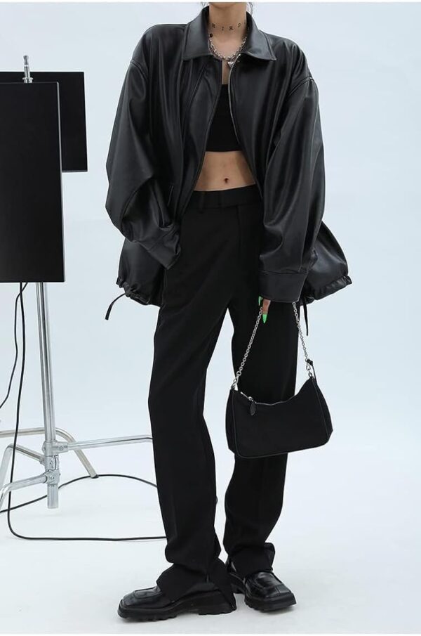 Sumleno Women Faux Leather Blazer Vintage Lapel Boyfriend PU Jacket Long Sleeve Button Down Coat Streetwear