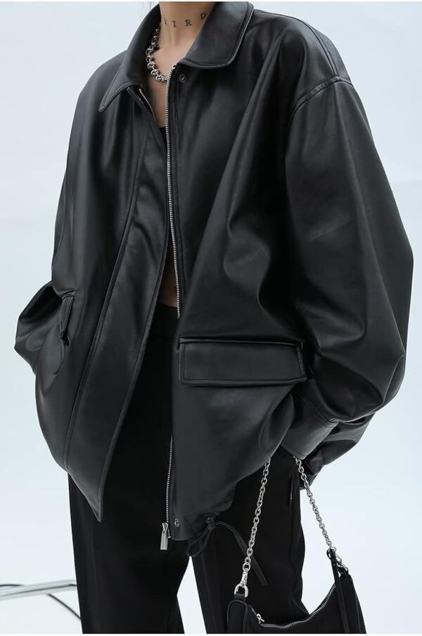 Sumleno Women Faux Leather Blazer Vintage Lapel Boyfriend PU Jacket Long Sleeve Button Down Coat Streetwear