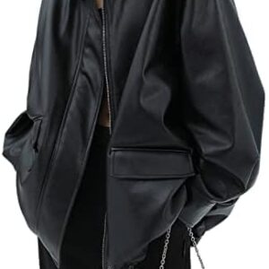 Sumleno Women Faux Leather Blazer Vintage Lapel Boyfriend PU Jacket Long Sleeve Button Down Coat Streetwear