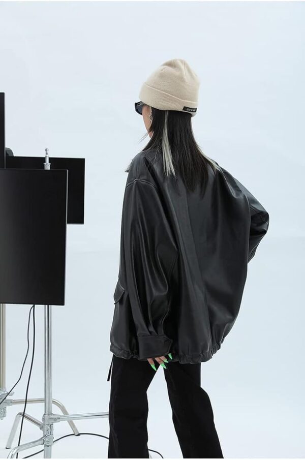 Sumleno Women Faux Leather Blazer Vintage Lapel Boyfriend PU Jacket Long Sleeve Button Down Coat Streetwear