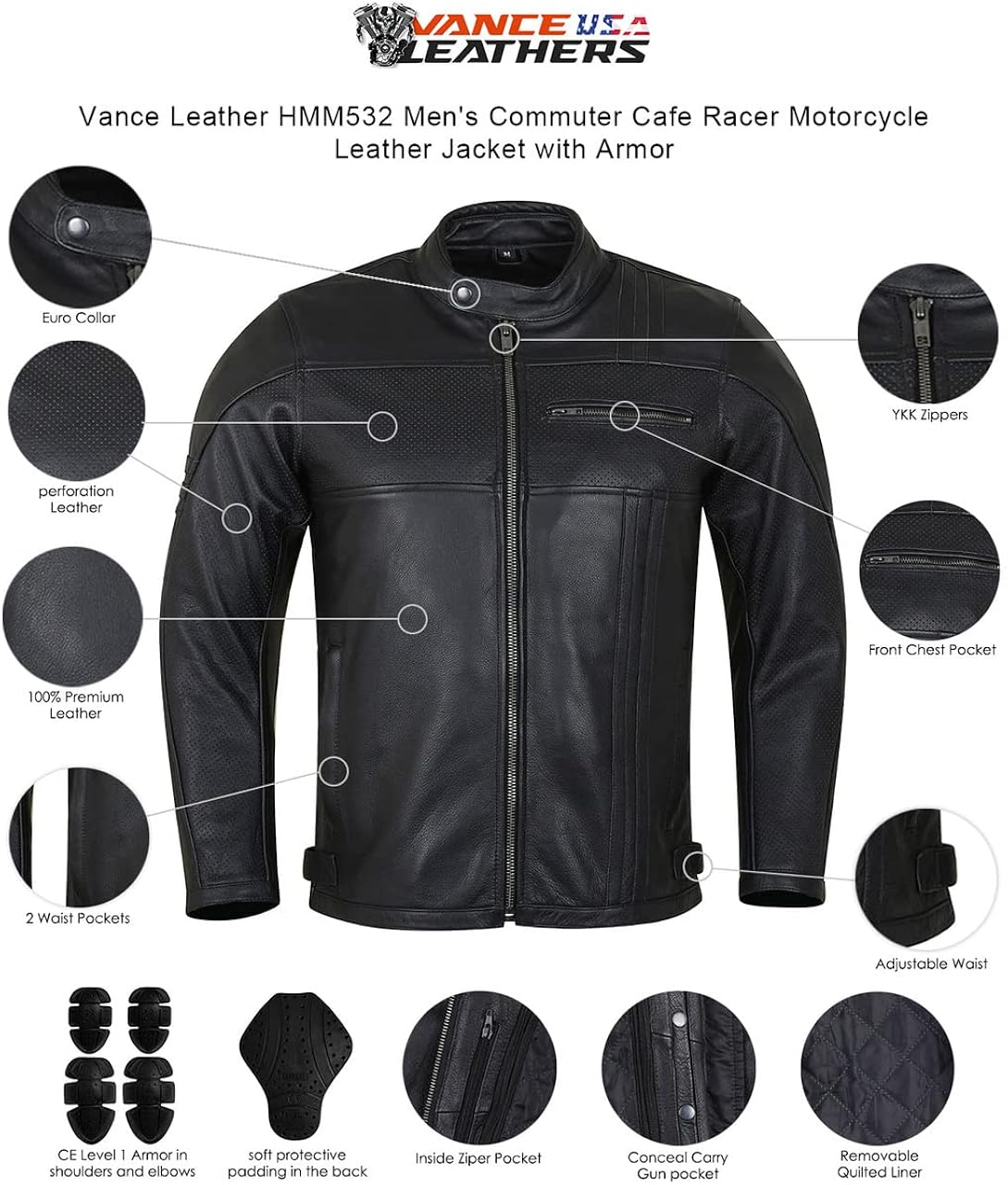 Vance Leathers' Men's Commuter Cafe Racer Motorcycle Leather Jacket with Armor