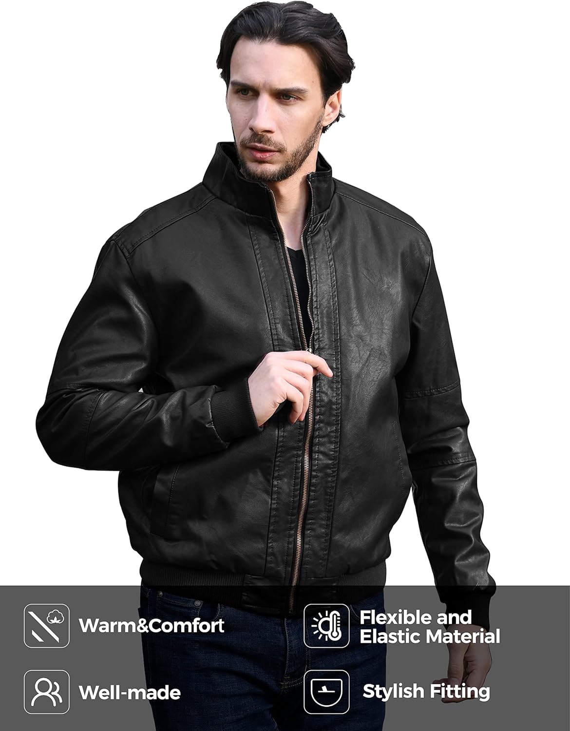 WenVen Men's Stand Collar Fleece Lined Bomber Faux Leather Jacket