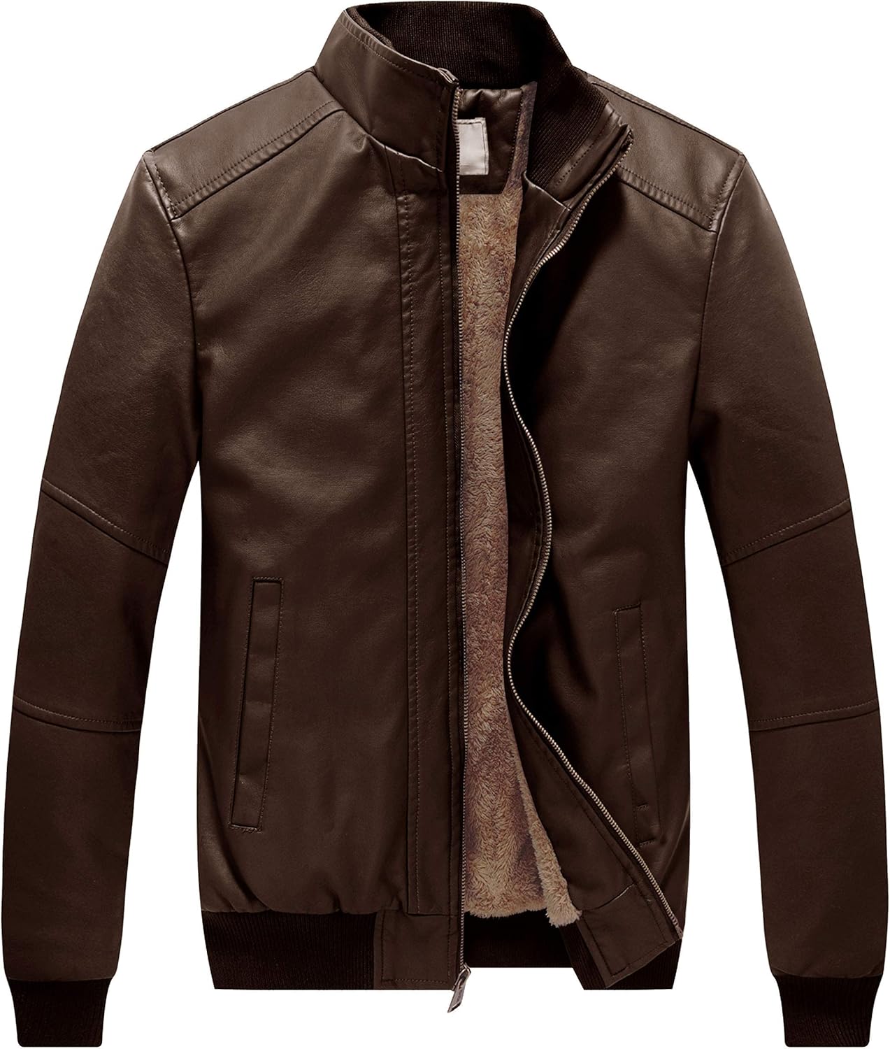 WenVen Men's Stand Collar Fleece Lined Bomber Faux Leather Jacket