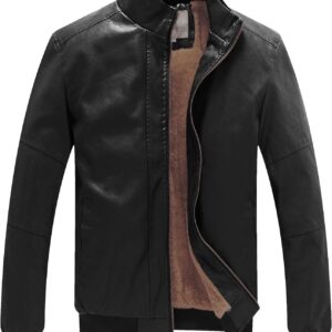 WenVen Men's Stand Collar Fleece Lined Bomber Faux Leather Jacket