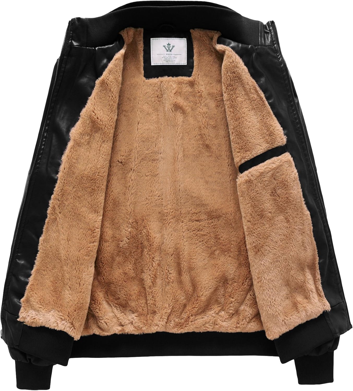 WenVen Men's Stand Collar Fleece Lined Bomber Faux Leather Jacket