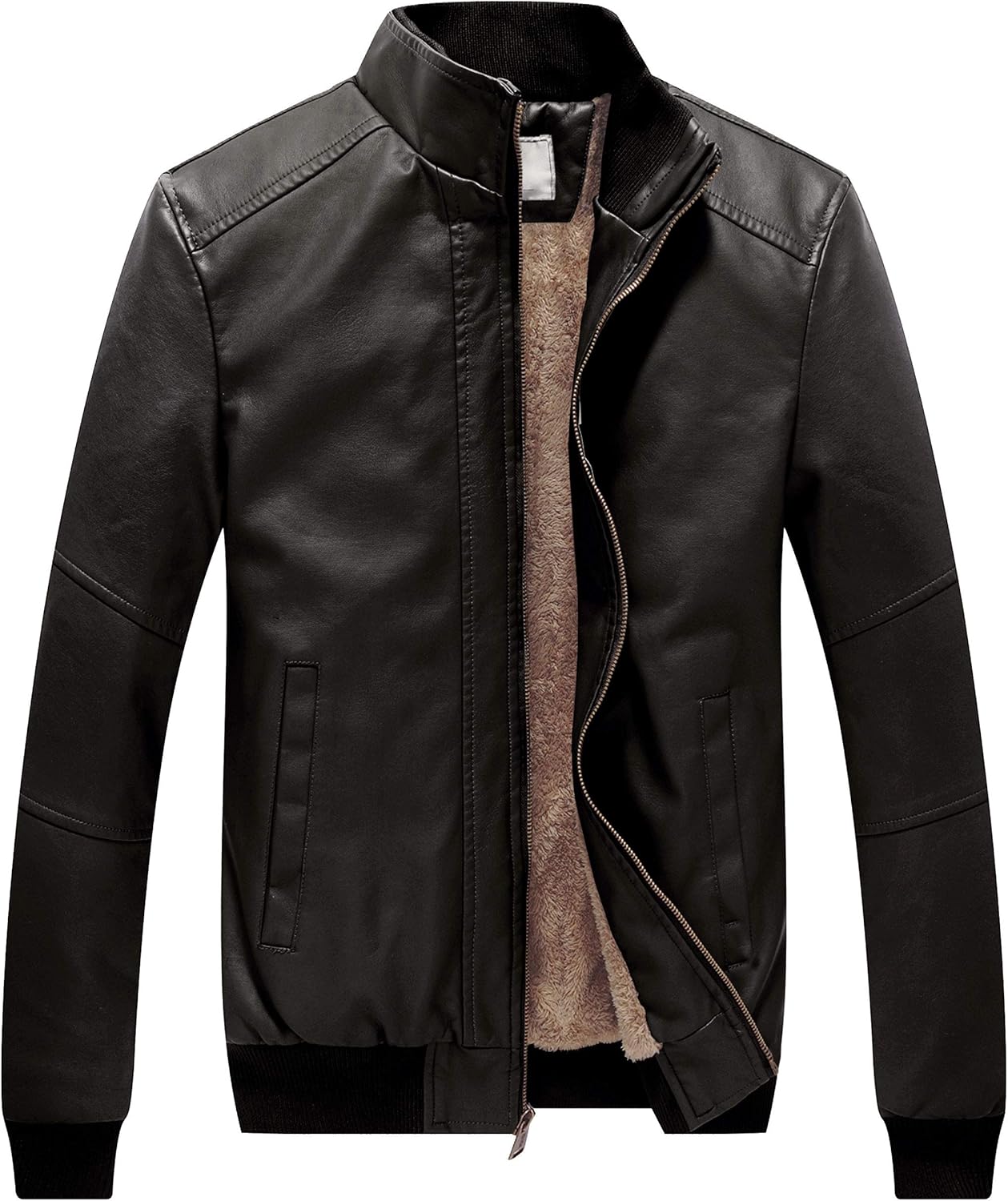 WenVen Men's Stand Collar Fleece Lined Bomber Faux Leather Jacket