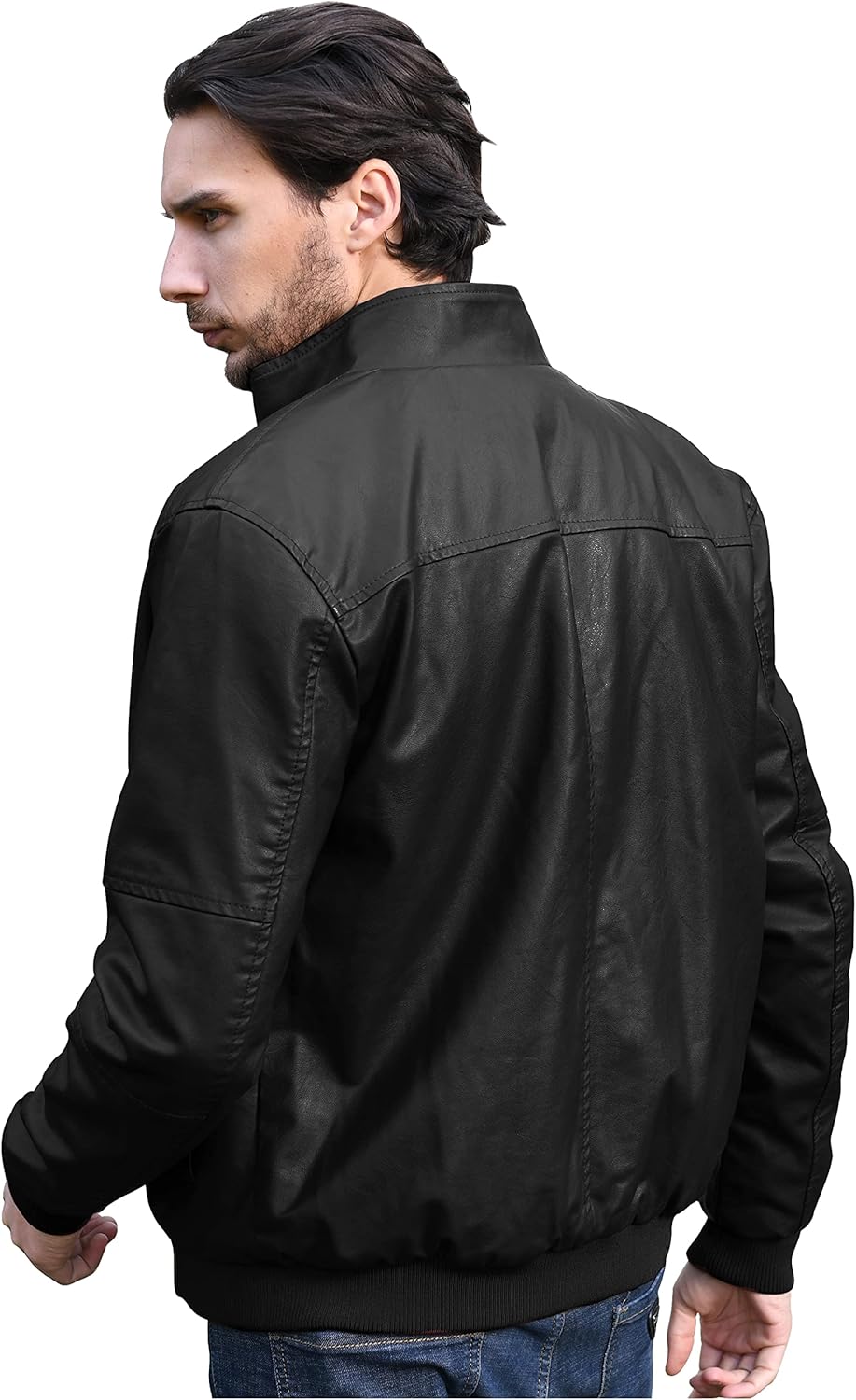 WenVen Men's Stand Collar Fleece Lined Bomber Faux Leather Jacket