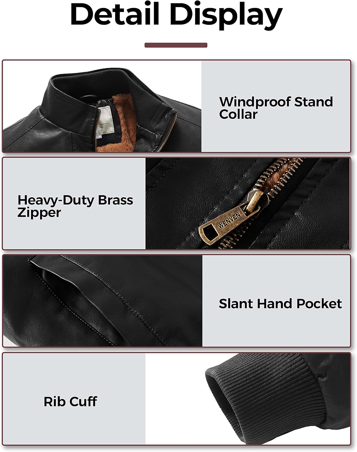 WenVen Men's Stand Collar Fleece Lined Bomber Faux Leather Jacket