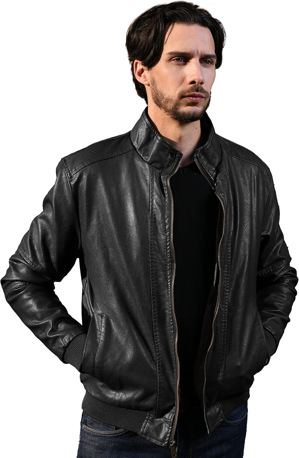 WenVen Men's Stand Collar Fleece Lined Bomber Faux Leather Jacket