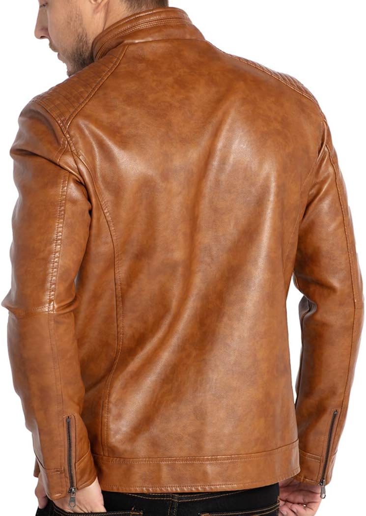 WULFUL Men's Stand Collar Leather Jacket Motorcycle Lightweight Faux Leather Outwear