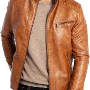 WULFUL Men's Stand Collar Leather Jacket Motorcycle Lightweight Faux Leather Outwear