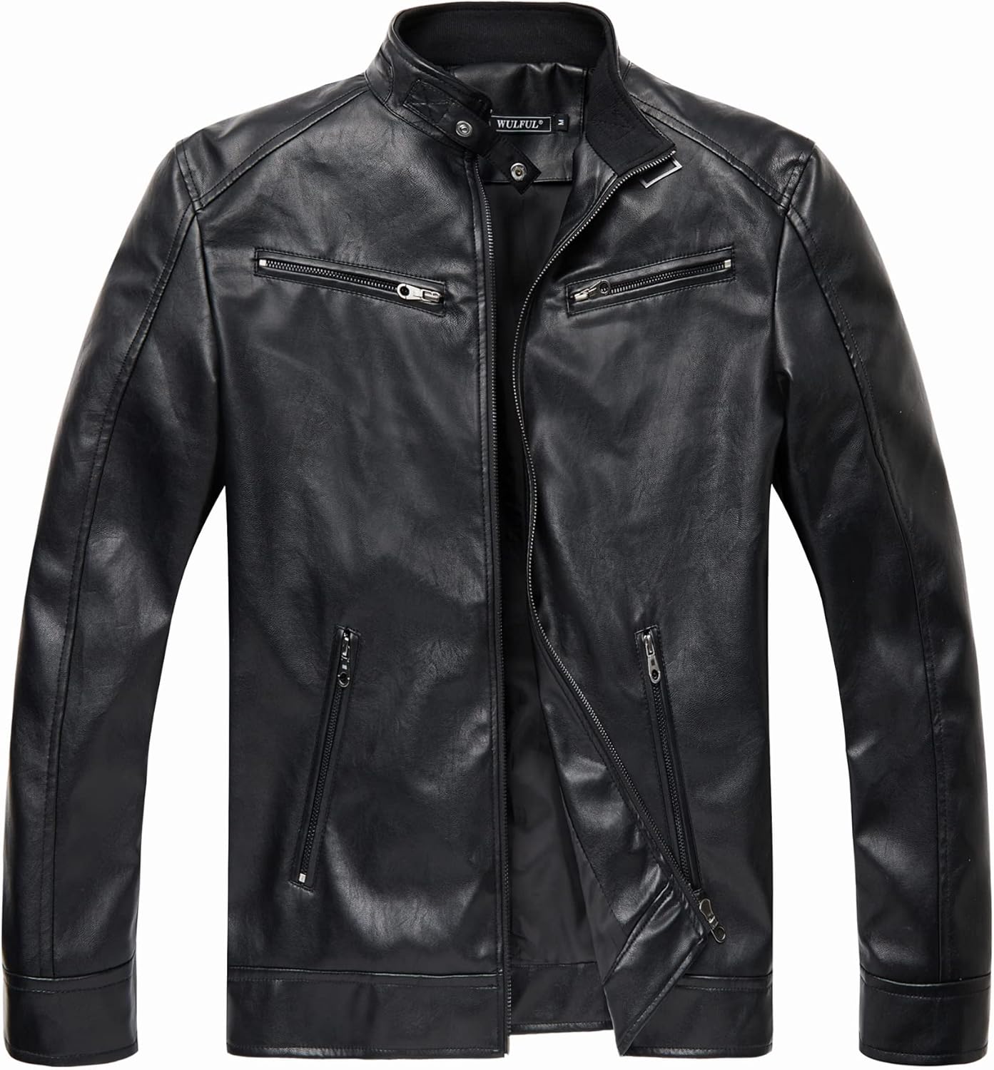 WULFUL Men's Stand Collar Leather Jacket Motorcycle Lightweight Faux Leather Outwear