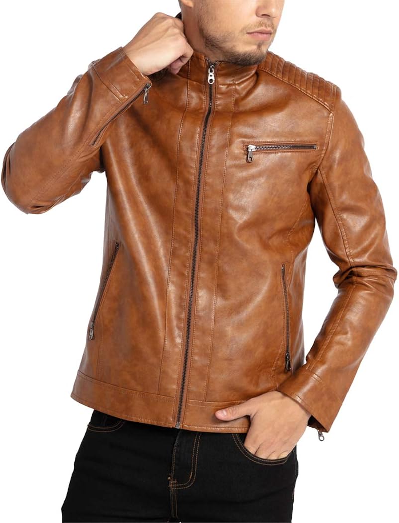 WULFUL Men's Stand Collar Leather Jacket Motorcycle Lightweight Faux Leather Outwear