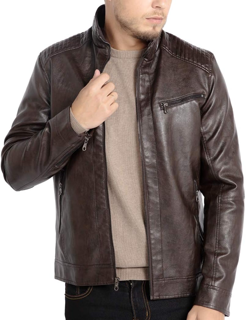 WULFUL Men's Stand Collar Leather Jacket Motorcycle Lightweight Faux Leather Outwear