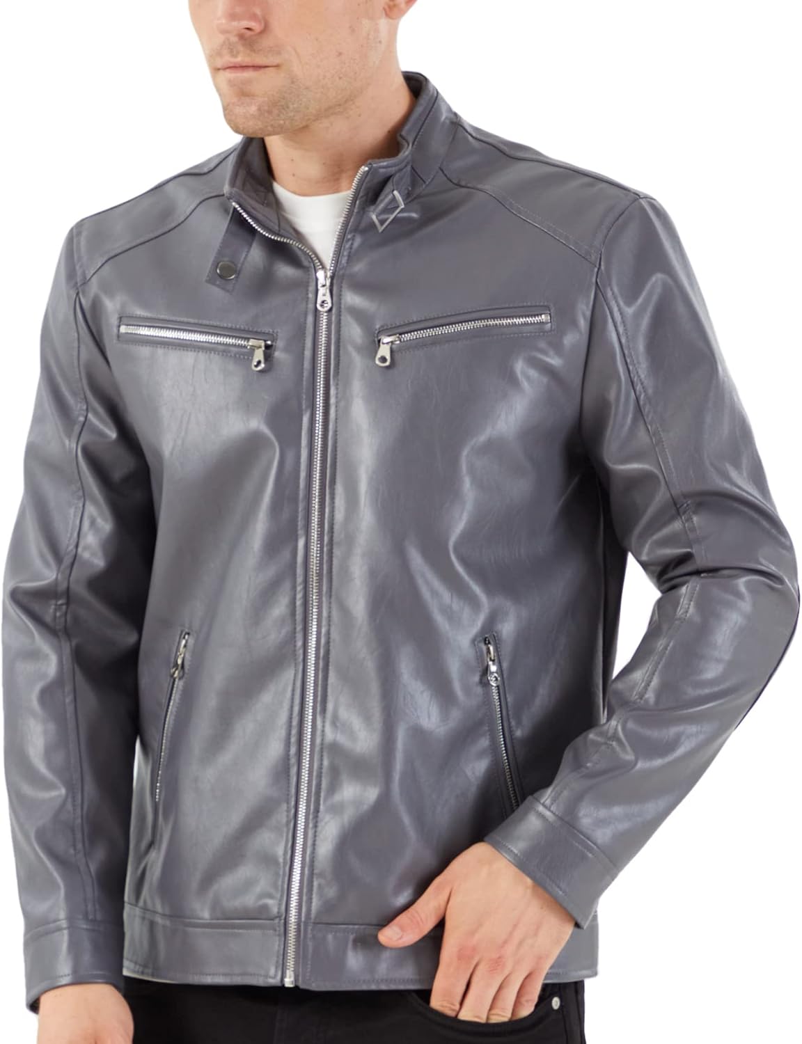 WULFUL Men's Stand Collar Leather Jacket Motorcycle Lightweight Faux Leather Outwear