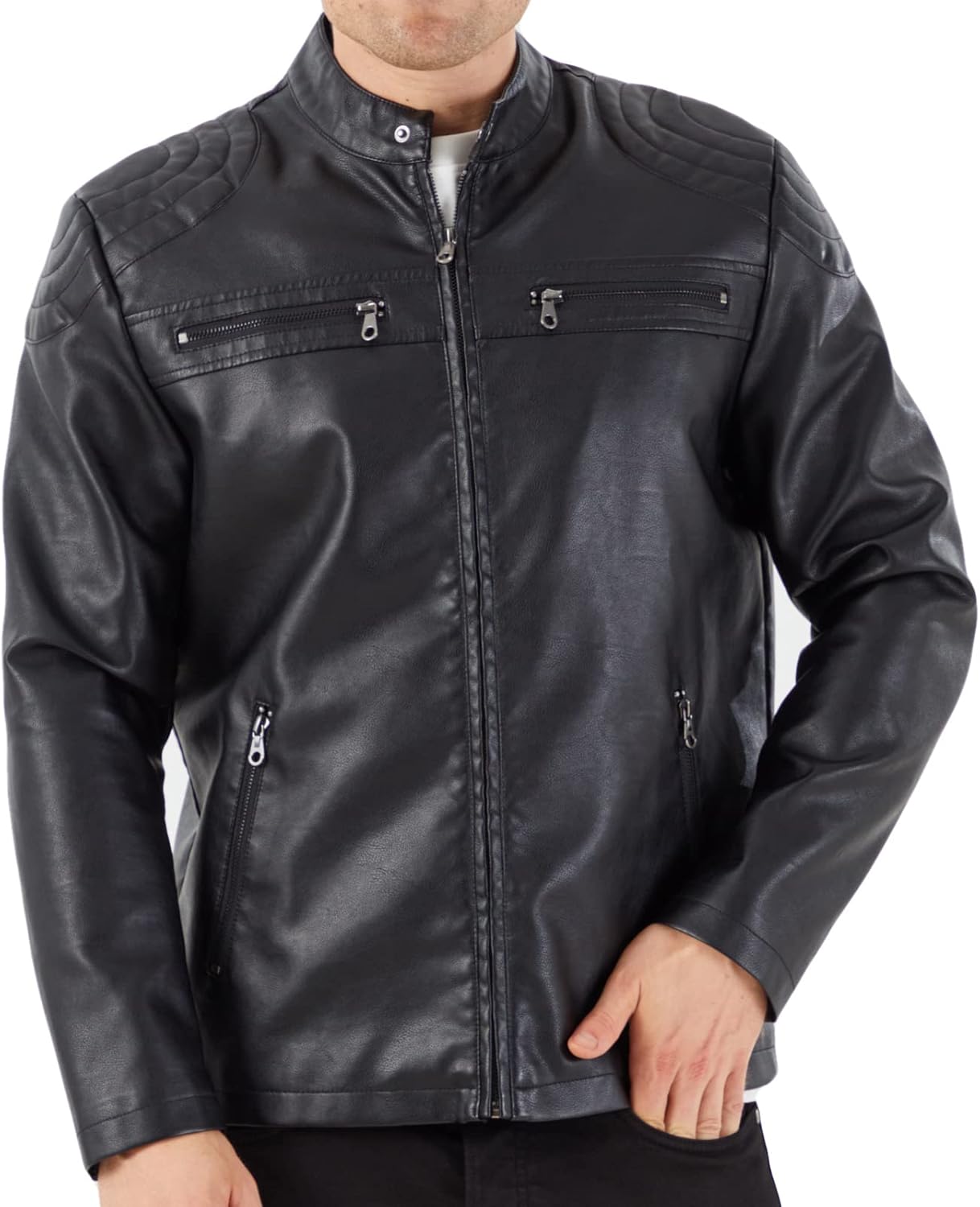 WULFUL Men's Stand Collar Leather Jacket Motorcycle Lightweight Faux Leather Outwear