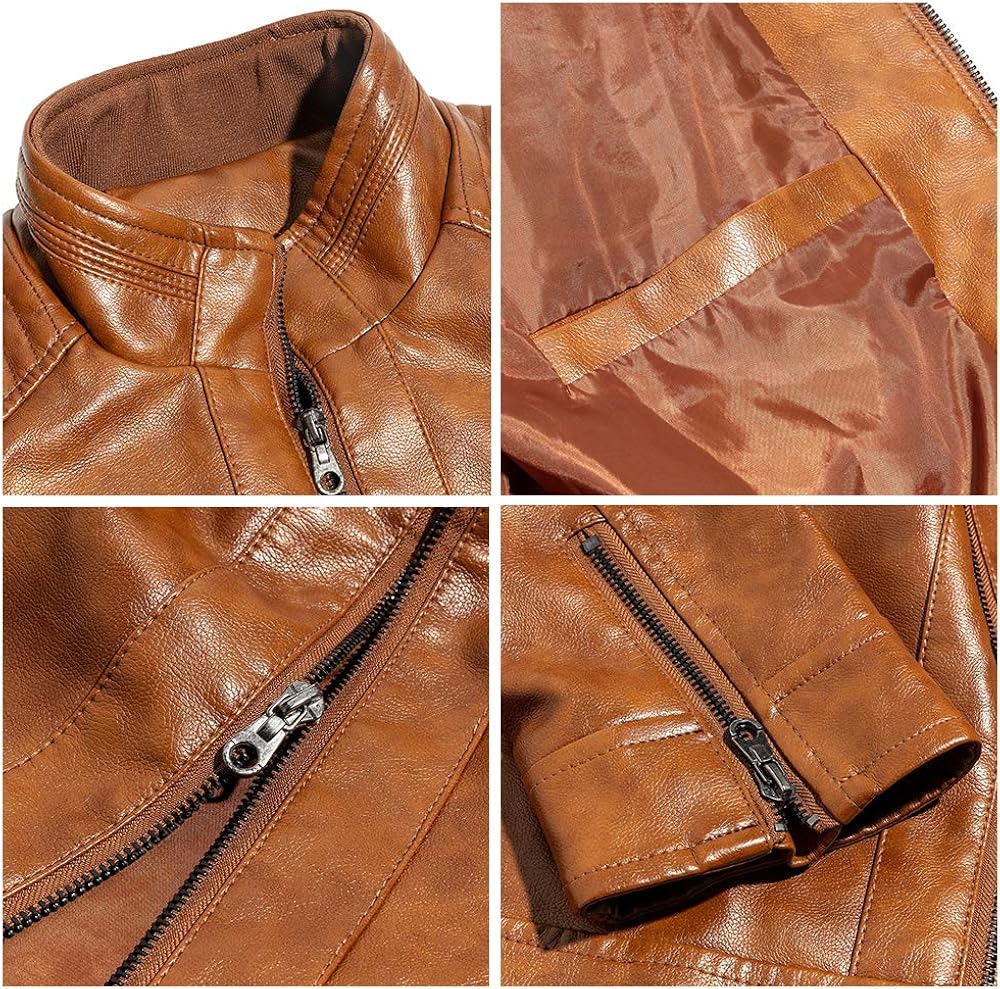 WULFUL Men's Stand Collar Leather Jacket Motorcycle Lightweight Faux Leather Outwear