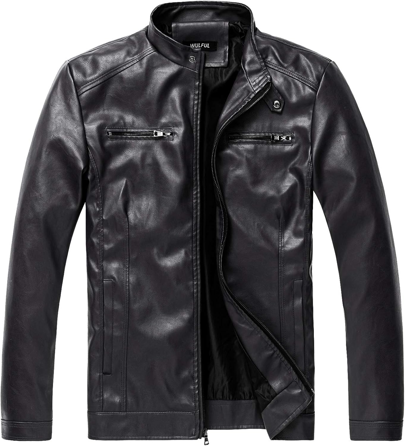 WULFUL Men's Stand Collar Leather Jacket Motorcycle Lightweight Faux Leather Outwear
