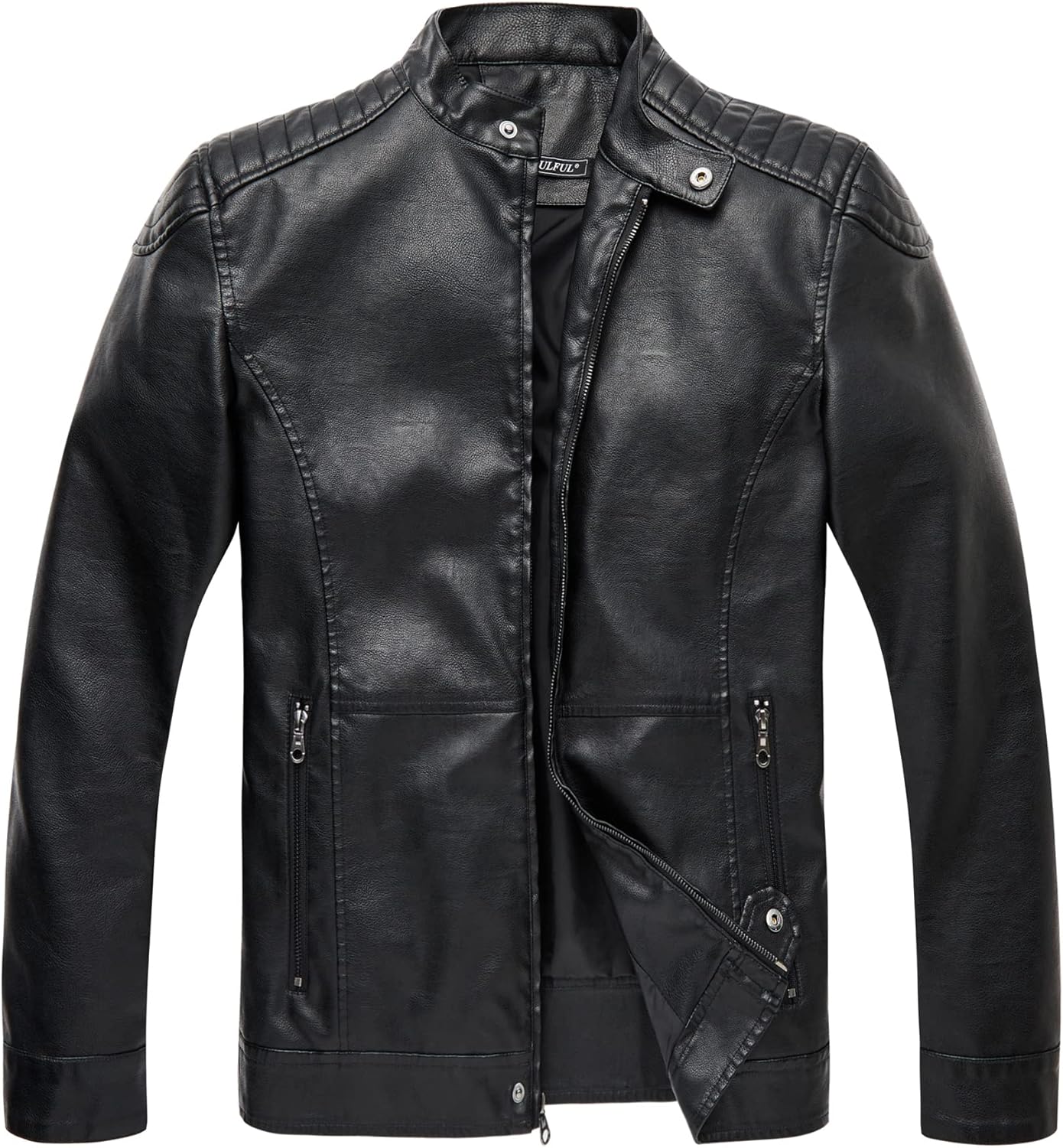 WULFUL Men's Stand Collar Leather Jacket Motorcycle Lightweight Faux Leather Outwear