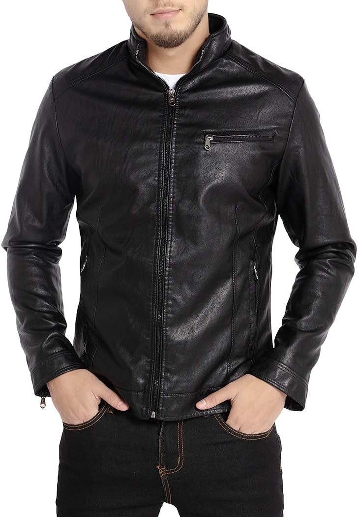 WULFUL Men's Stand Collar Leather Jacket Motorcycle Lightweight Faux Leather Outwear