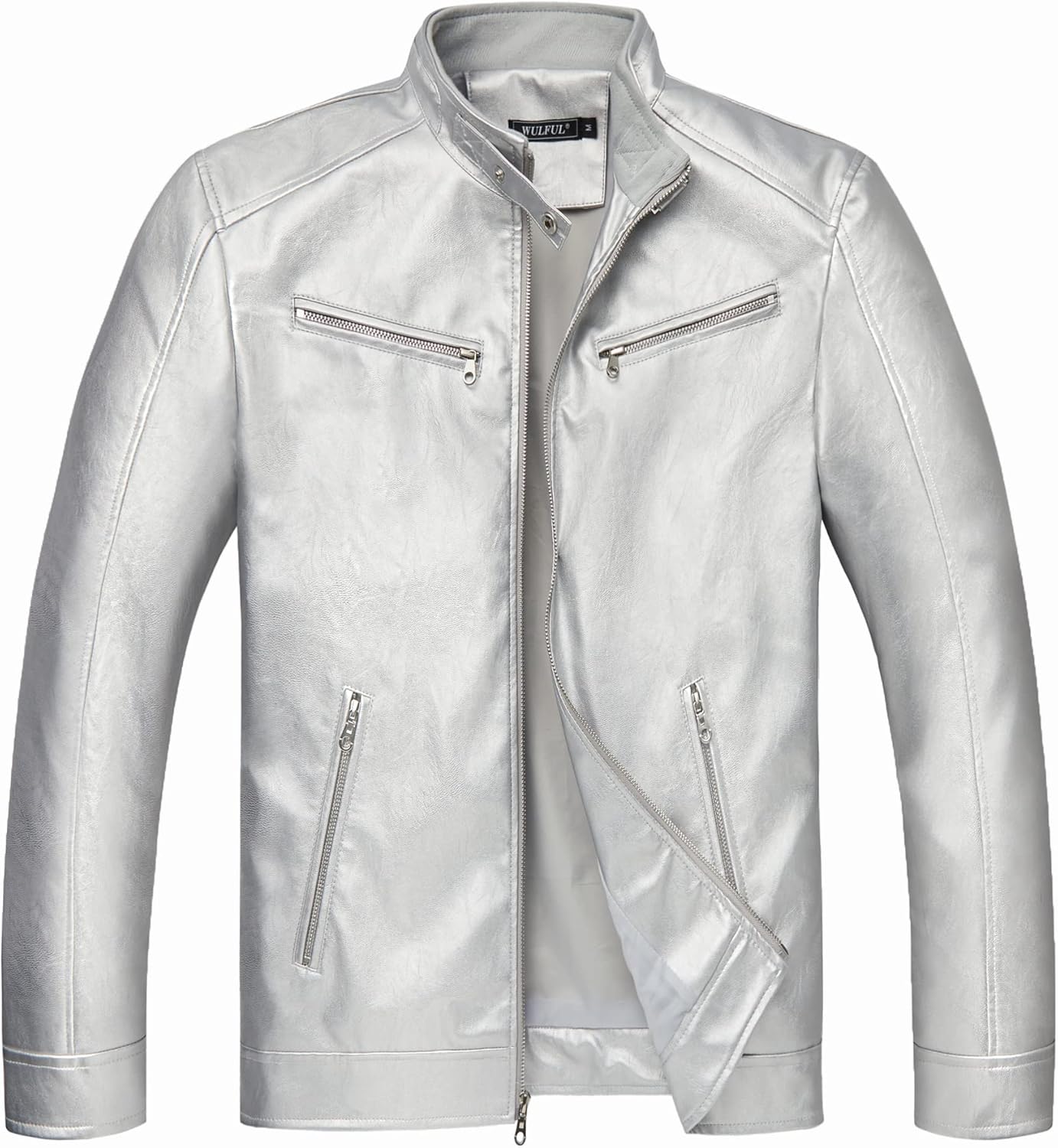 WULFUL Men's Stand Collar Leather Jacket Motorcycle Lightweight Faux Leather Outwear