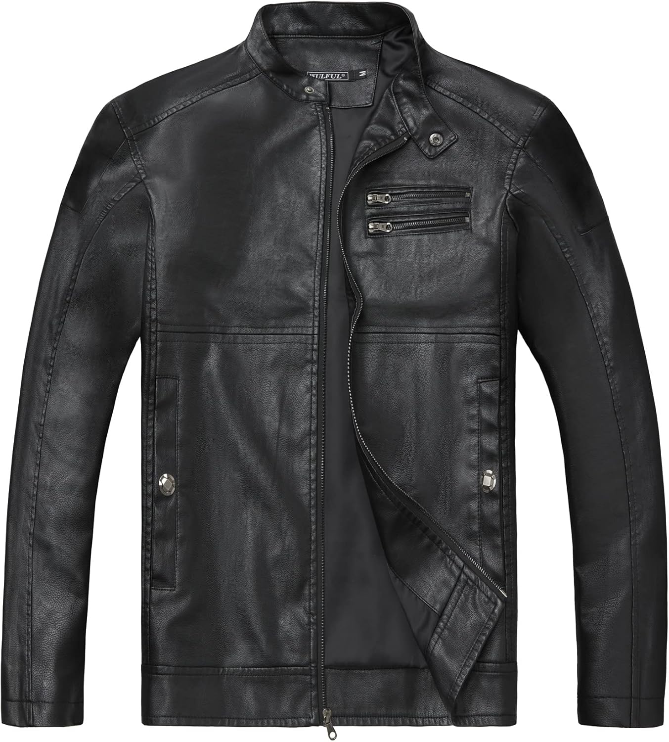 WULFUL Men's Stand Collar Leather Jacket Motorcycle Lightweight Faux Leather Outwear