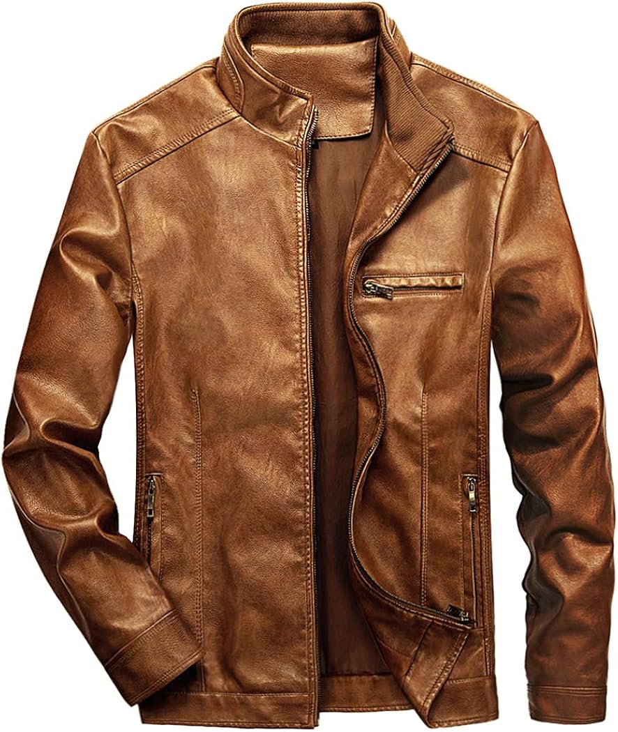 WULFUL Men's Stand Collar Leather Jacket Motorcycle Lightweight Faux Leather Outwear